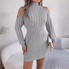 Load image into Gallery viewer, Autumn Winter Casual Off The Shoulder Half Turtleneck Twist Lantern Sleeve Package Hip Sweater Dress Women Clothing