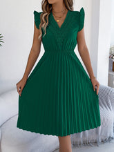Load image into Gallery viewer, Women Clothing Spring Summer Casual Lace V neck Wooden Ear Cinched Pleated Dress