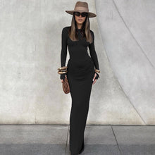 Load image into Gallery viewer, Women Clothing Autumn Winter Slim round Neck Solid Color Fold Split Long Sleeve Elegant Dress for Women