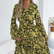 Load image into Gallery viewer, Women Clothing Spring Summer Retro Trumpet Sleeve Wooden Ear Waist A Line Dress