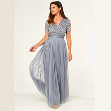 Load image into Gallery viewer, Sequ Dress Short Sleeve V neck Swing Evening Dress High Waist Cocktail Elegant