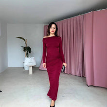 Load image into Gallery viewer, Fall Women Clothing Elegant Solid Color Long Sleeve Diagonal Collar Bow Ruffle Hip Dress
