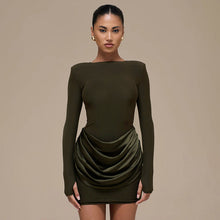 Load image into Gallery viewer, Women Clothing Autumn Winter Solid Color Elegant Casual Slim Fit round Neck Long Sleeves Pleated Short Dress