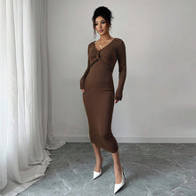 Load image into Gallery viewer, Brown V neck Dress Women Spring Autumn Chest Twist Design Slim Fit Three Quarter Sleeve Commuting Elegant Dress