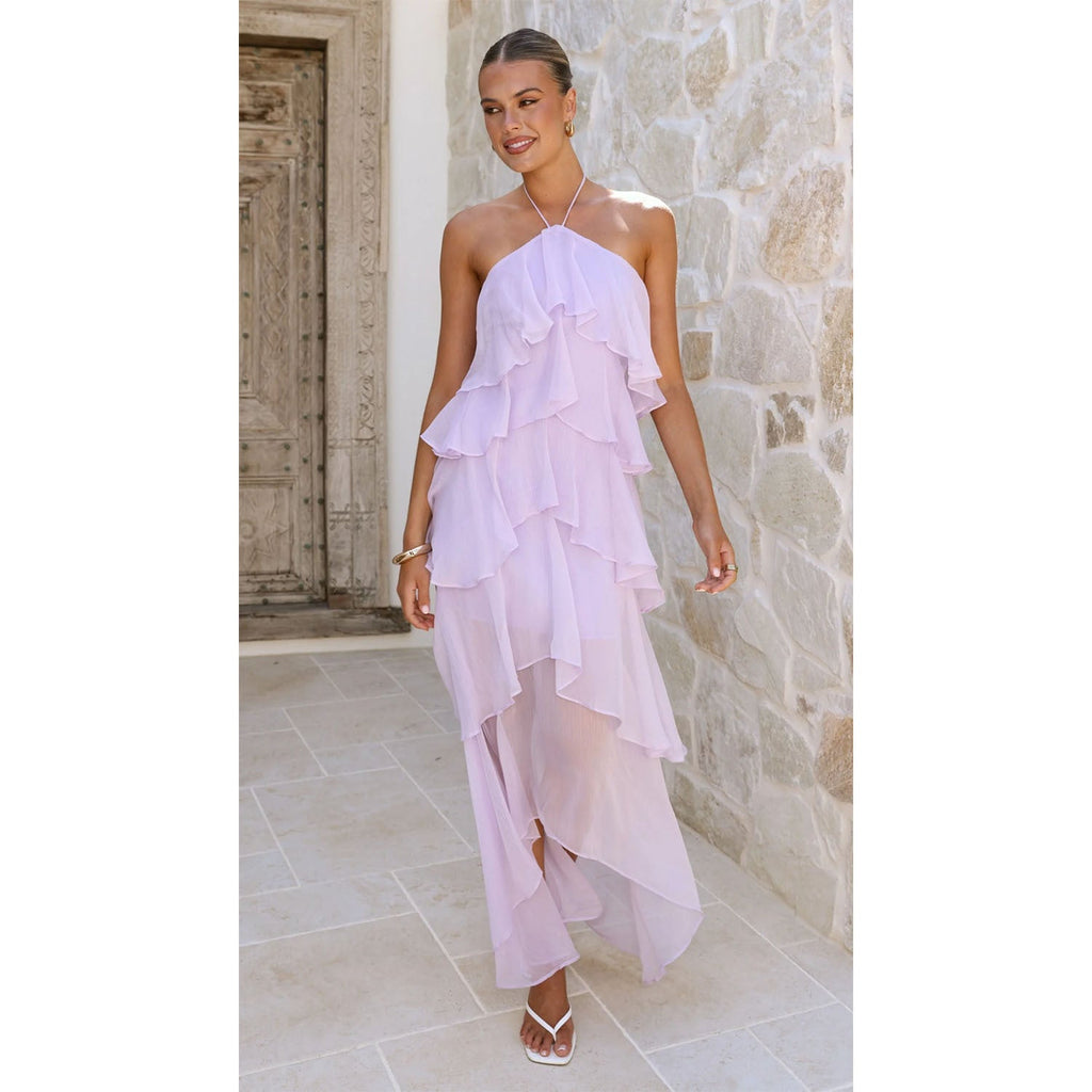 Goods Spring Summer Ruffled Elegant Halter Solid Color Cake Chiffon Dress