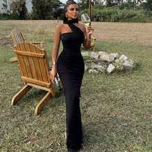 Load image into Gallery viewer, Women Clothing Solid Color Halter Dress Sexy Backless Ribbon Split Maxi Dress