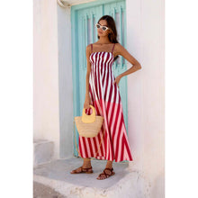 Load image into Gallery viewer, Spring Summer off Neck Striped Waist Trimming Printing Vacation Mid Length Dress
