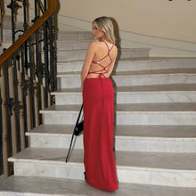 Load image into Gallery viewer, Women Beaded Lace up Backless Sexy Dress Cocktail Festive Red Elegant Dress Maxi Dress