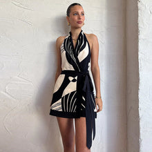 Load image into Gallery viewer, Women Nordic Classic Printing Sexy Halter Backless Dress Simple Waist Fitted Short Dress for Women