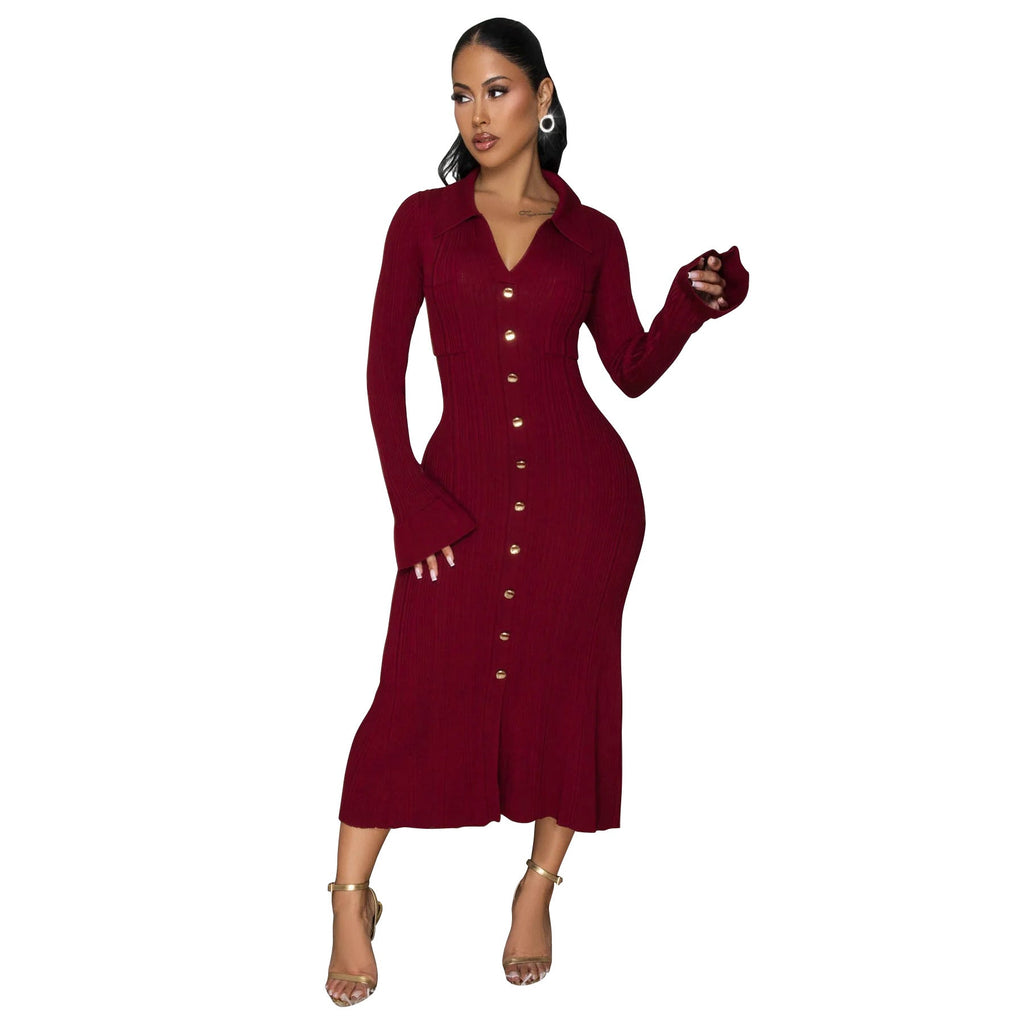 Women Wear V neck Solid Color Dress Single Breasted Long Sleeve Dress