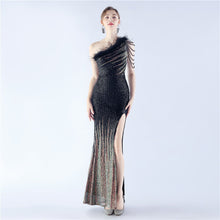 Load image into Gallery viewer, Gradient Sequin Craft Beaded Ostrich Feather Diagonal Collar One Shoulder Long Evening Dress