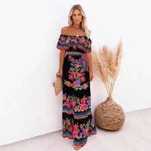 Load image into Gallery viewer, Spring Summer off Shoulder Red Floral Printed Long Large Hem Dress