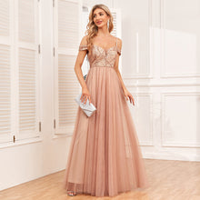 Load image into Gallery viewer, Off The Shoulder Sling Double V neck Sequ Embroidery Stitching Party Dress Elegant A Swing Tulle Dress