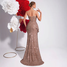 Load image into Gallery viewer, Champagne Sequin Sling Evening Dress Slim Fit Slit Cocktail Host Annual Party Party Light Luxury Fishtail Dress