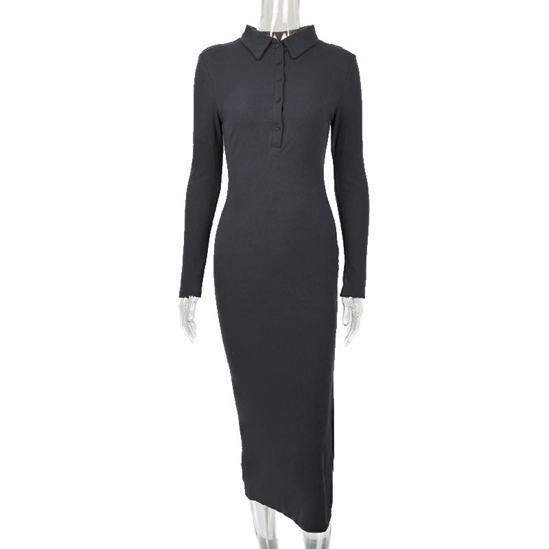 Autumn Winter Women Clothing Sexy Slit Slim Rib Button Long Sleeve Dress