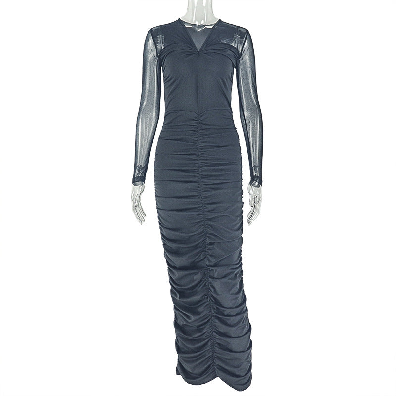 Women Clothing Pleated Slim Fit Elegant V neck Hip Dress Long Sleeve Solid Color Street Step Dress