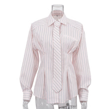Load image into Gallery viewer, Office Printed Striped Shirt Women Polo Collar Long Sleeve Tie Cinched Blouse