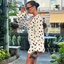 Load image into Gallery viewer, Polka Dot Printed Sexy Deep V Plunge neck Slim Fit Bell Sleeve Sheath Dress for Women