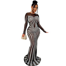 Load image into Gallery viewer, Women Solid Color Mesh See Through Rhinestone Long Sleeve Dress