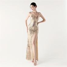 Load image into Gallery viewer, Sequined Evening Dress Sexy V neck Spaghetti Strap Cross Strap Fishtail Dress Red Carpet Cocktail