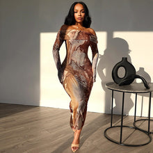 Load image into Gallery viewer, Women Clothing Vintage Print Sexy Off The Shoulder Long Sleeve One Step Dress Dress