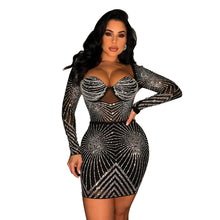 Load image into Gallery viewer, Women Wear Solid Color Mesh Rhinestone Long Sleeve Short Dress