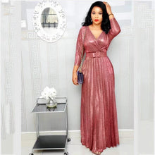 Load image into Gallery viewer, Winter African Women Wear Long Sleeve Bronzing Pleated Swing Dress with Belt Glittering Powder Fabric