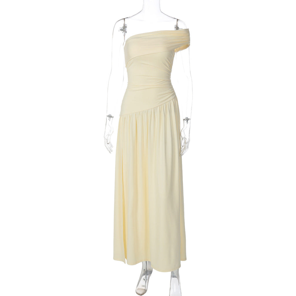 French Women Autumn Sexy Split Shoulder Tube Top Pleated Dress