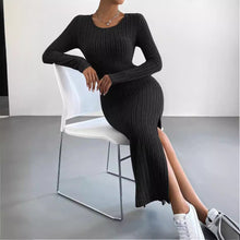 Load image into Gallery viewer, Autumn Winter Long Sleeve Crew Neck Split Knitted Maxi Dress Women