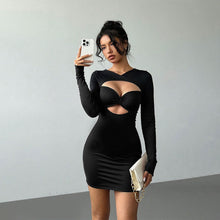 Load image into Gallery viewer, Autumn Winter Sexy Hollow Out Cutout Long Sleeved Slim Fit Sheath Solid Color Party Dress
