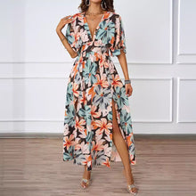 Load image into Gallery viewer, Summer Floral Print Maxi Dress Elastic Band Waist Tight Big V neck Short Sleeve Dress for Women