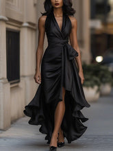Load image into Gallery viewer, Satin Deep V Plunge neck Sleeveless Waist Trimming Ruffles Elegant Dress for Women