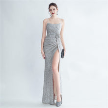 Load image into Gallery viewer, Gathers Sequ Handmade Floral Split Sling Simple Evening Dress