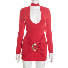 Load image into Gallery viewer, Women Clothing Winter Deep V Plunge neck Tight Long Sleeve Hollow Out Cutout out Eyelet Decorative Dress