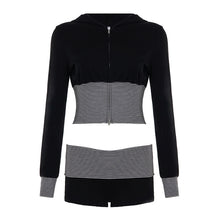 Load image into Gallery viewer, Women Wear Casual Striped Stitching Contrast Color Zipper Hooded Top Shorts Two Piece Set