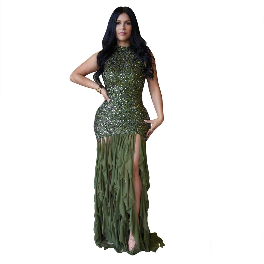 Elegant Women Wear Sexy Slim Sequin Mesh Stitching Dress