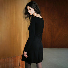 Load image into Gallery viewer, Black Lace Neckline Long Sleeve Waist Dress French Hepburn Slim Slimming