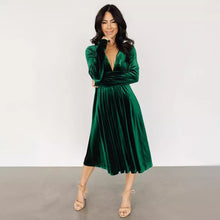 Load image into Gallery viewer, Dress Gold Velvet Sexy V neck Waist Controlled Long Sleeves Large Swing Dress
