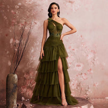 Load image into Gallery viewer, Long Elegant Oblique Shoulder Cocktail Party Dinner Dress Luxury Slit Bridesmaid Graduation Dress Tiered Dress