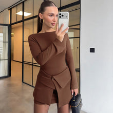 Load image into Gallery viewer, Women Clothing Winter Micro Pull Long Sleeve Short Dress Fold Button Two Piece Overskirt Set