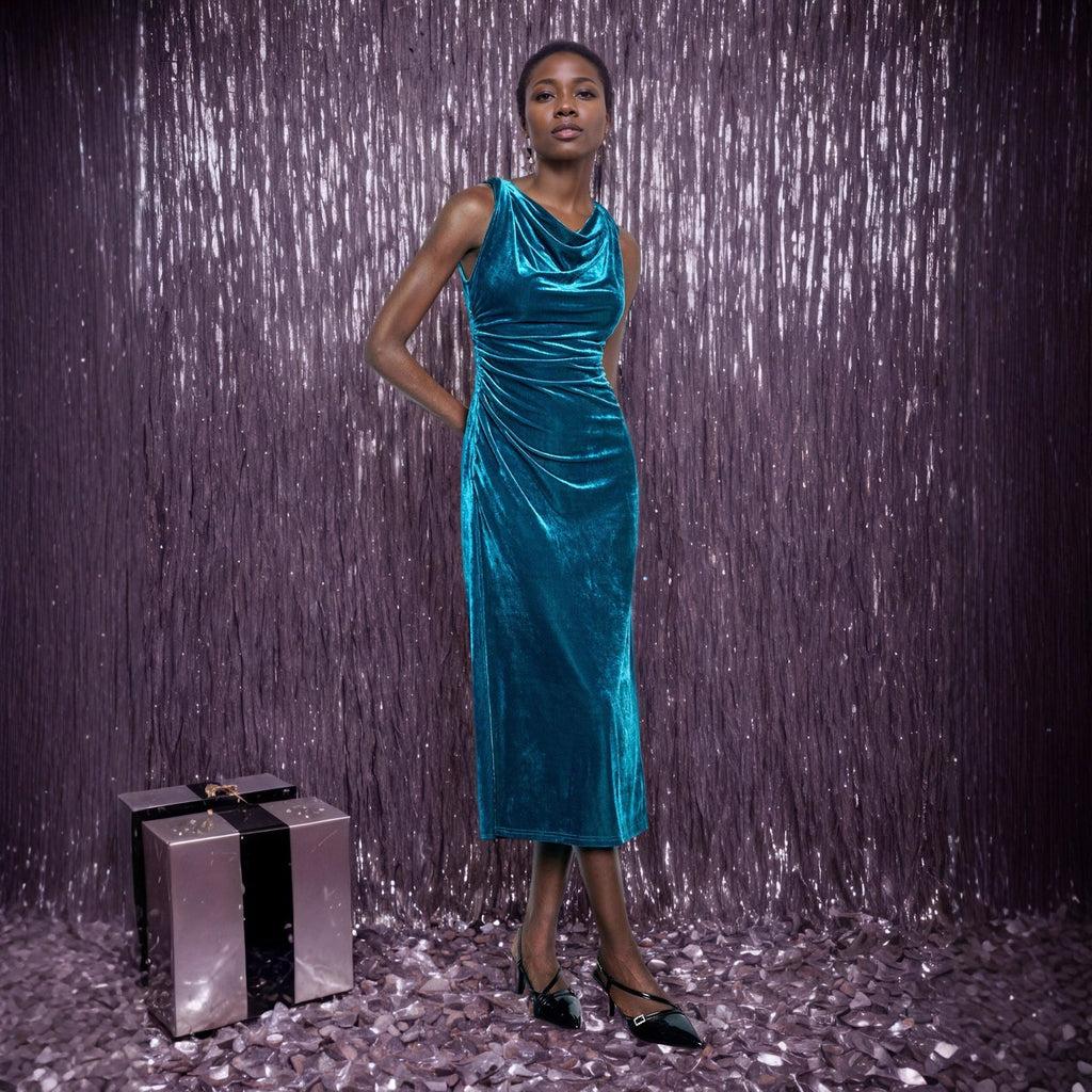 Popular Sleeveless Velvet Evening Dress Ladies Fall Winter Slim Fit Side Slit Sheath Dress