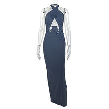 Load image into Gallery viewer, Women Clothing Hollowed Split Pleated Backless Hip Dress Cross Halterneck Solid Color Length Dress
