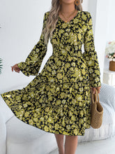 Load image into Gallery viewer, Women Clothing Spring Summer Retro Trumpet Sleeve Wooden Ear Waist A Line Dress