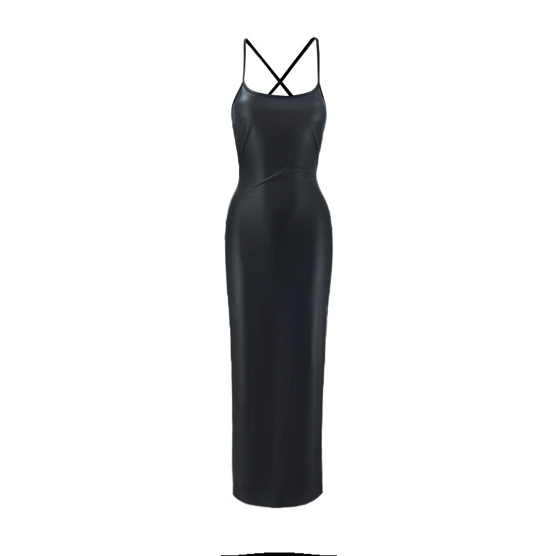 Women Clothing Sexy Faux Leather Sexy U Neck Cross Lace-up Backless Sheath Maxi Dress