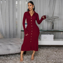 Load image into Gallery viewer, Women Wear V neck Solid Color Dress Single Breasted Long Sleeve Dress