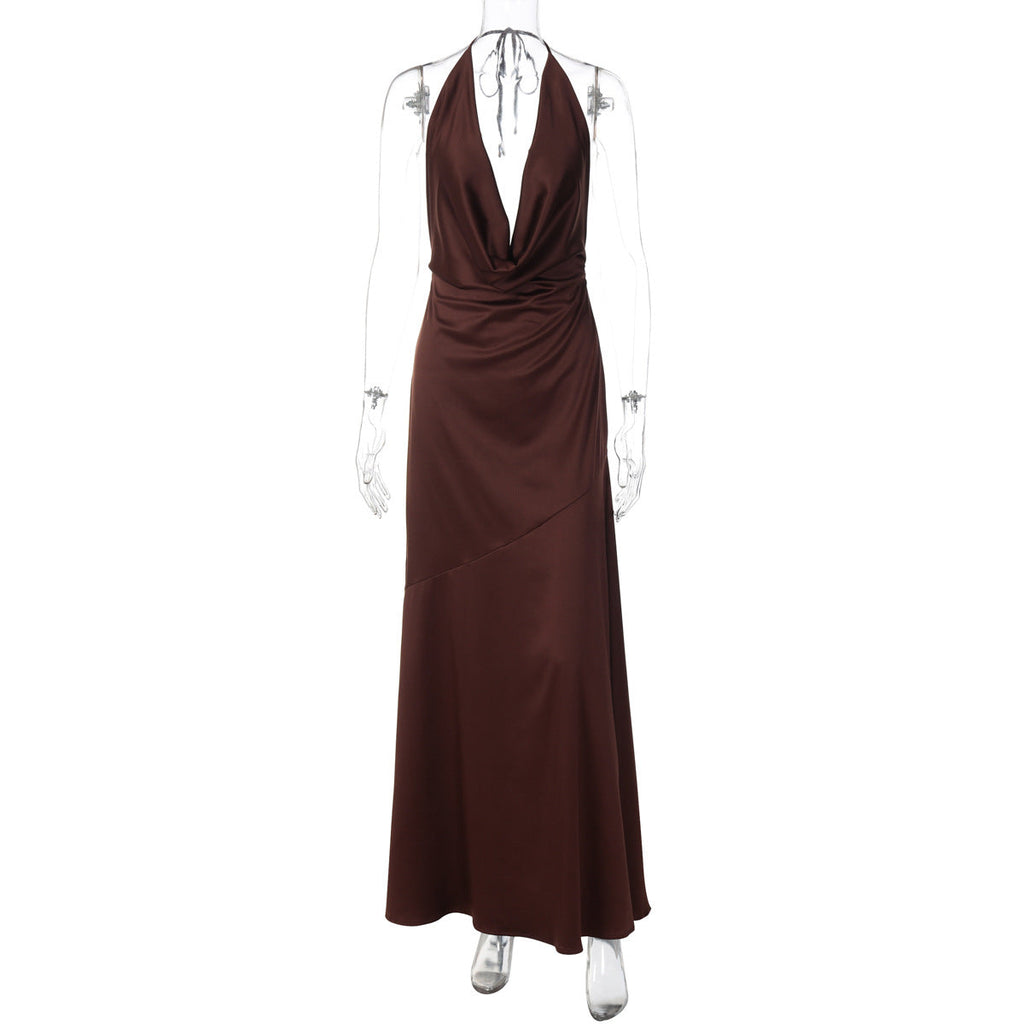 Women Sexy Low Cut Deep V Plunge neck Halter Lace up Bare Back Waist Slimming Evening Dress
