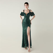 Load image into Gallery viewer, Bead Tube Sequin Heavy Industry Evening Dress Short Sleeve off the Shoulder Deep V Plunge High Slit Fishtail Dress Cocktail Socialite