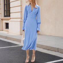 Load image into Gallery viewer, Elegant Office Pleated Deep V Plunge neck Button Decorative Waist Tight Lantern Sleeve Elegant A line Dress