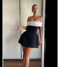 Load image into Gallery viewer, Spring Summer off Shoulder Black White Contrast Color Tight Waist a Swing Design Bow Dress