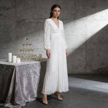 Load image into Gallery viewer, Spring Deep V Plunge neck Lantern Sleeve Maxi Dress Tight Waist Slimming Pleated Design Dress for Women